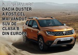 În luna ianuarie Dacia Duster a fost cel mai vândut SUV de clasă B din Europa 1