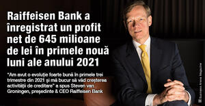 Raiffeisen Bank a înregistrat un profit net de 645 milioane de lei în primele nouă luni ale anului 2021  1